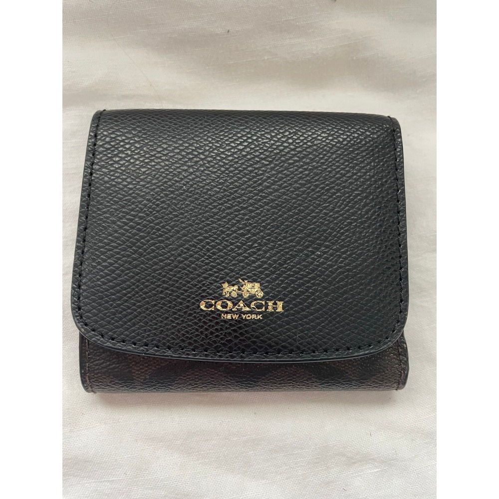 Coach Small Trifold Wallet Black Brown Signature Canvas Crossgrain Leather#625